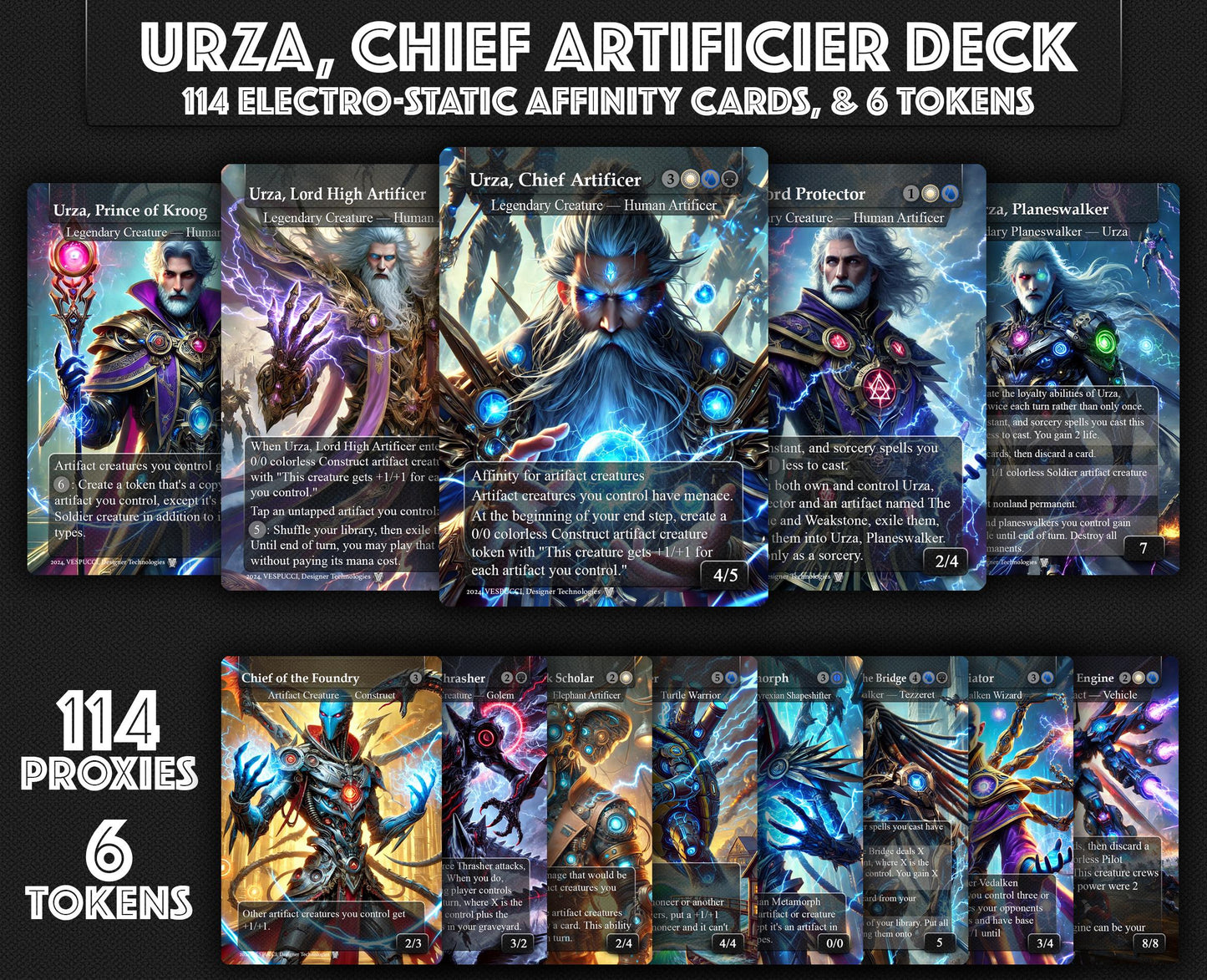 Urza, Chief Artificer Affinity Deck, 120 Cards, 14 Sideboard, 6 Tokens Includes All Main Urza's, Shorikai, Artifacts, Custom