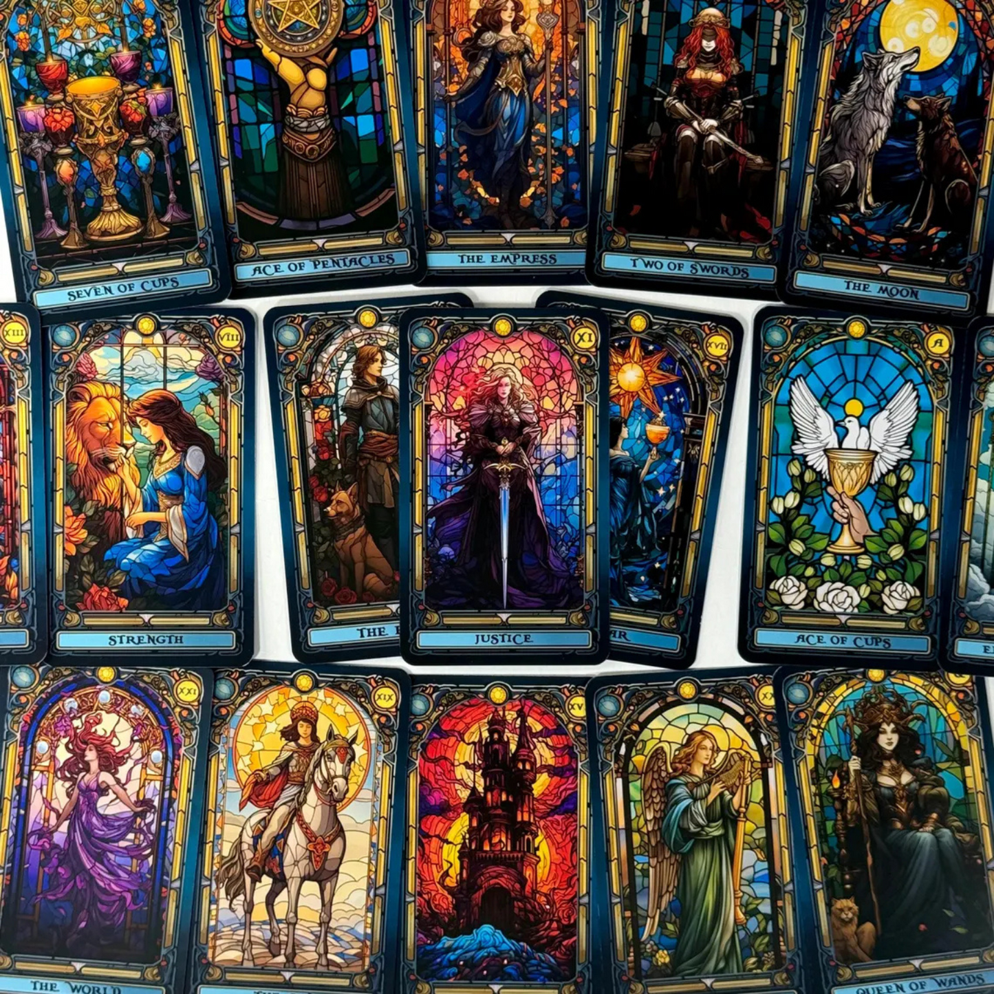 Stained Glass Tarot Deck – 78 Cards with Foil Edges, Intuitive Symbolism, Guidebook Included, Ideal for Beginners and Collectors