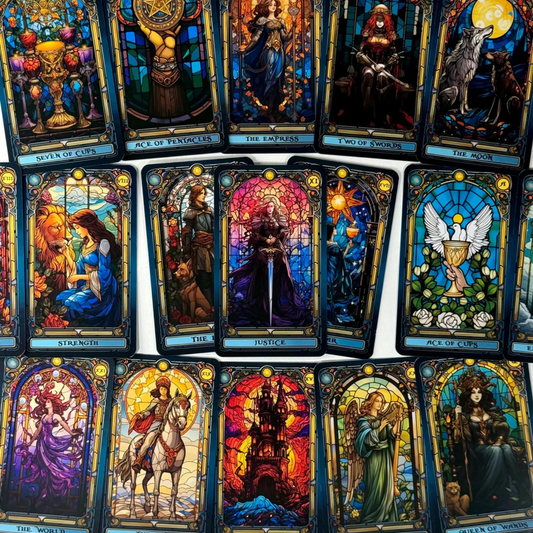Stained Glass Tarot Deck – 78 Cards with Foil Edges, Intuitive Symbolism, Guidebook Included, Ideal for Beginners and Collectors