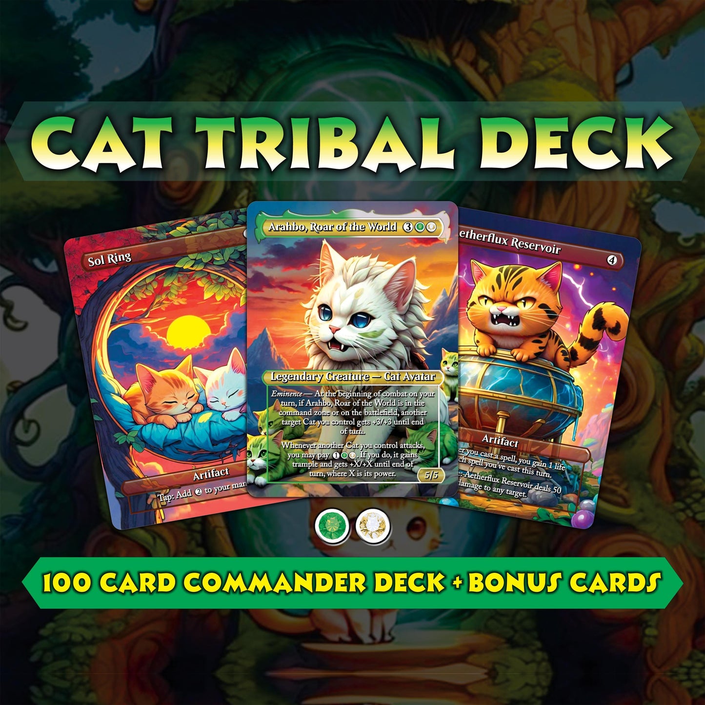 Cat Commander Tribal Deck, High Quality MTG Proxies for Commander EDH, Arahbo, Roar or the World Full 99.95 Card Deck with Custom Art + Bonus