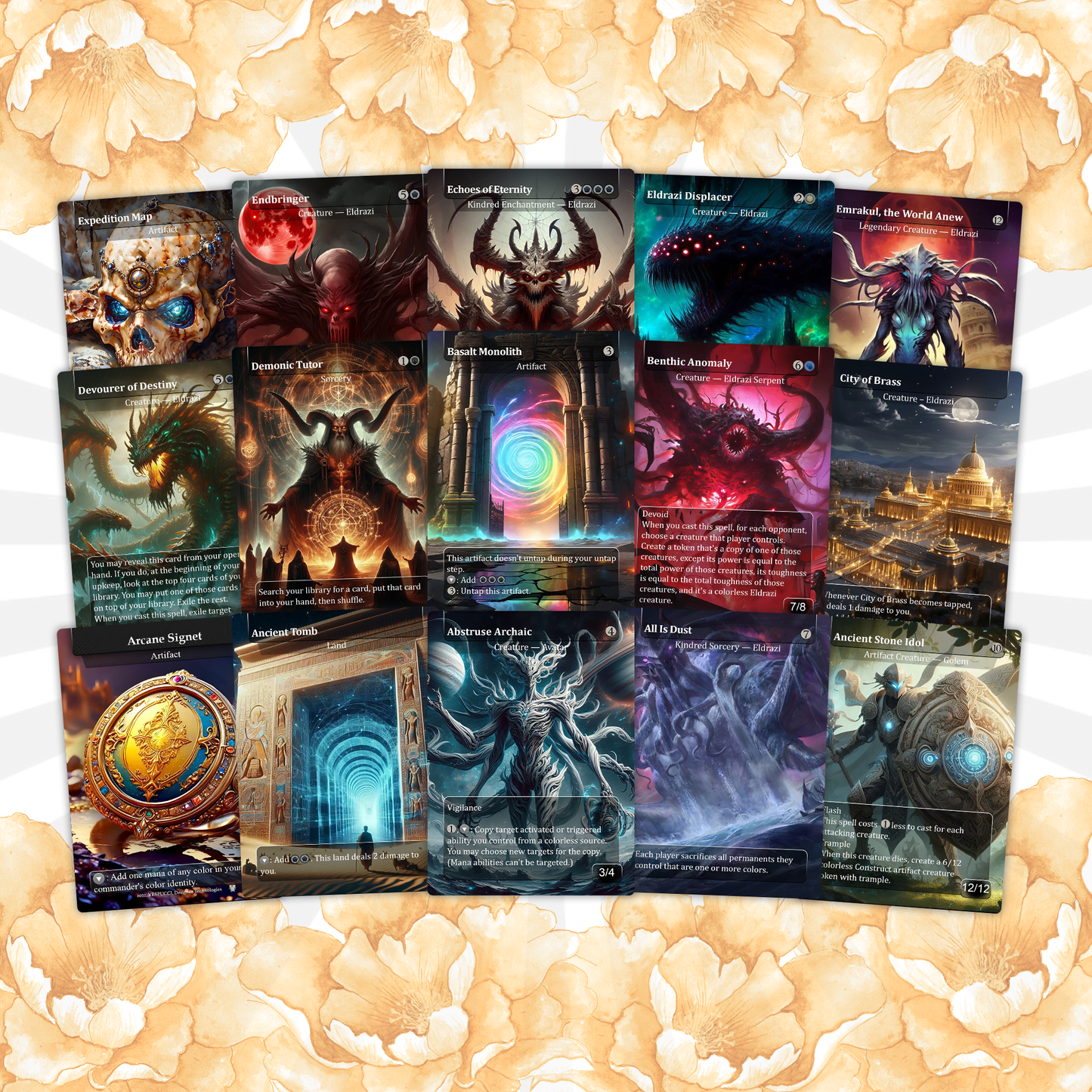 Eldrazi, totaling 108 Proxies, three commanders Ulalek, Azlask, and Zhulodock, Bonus Lands