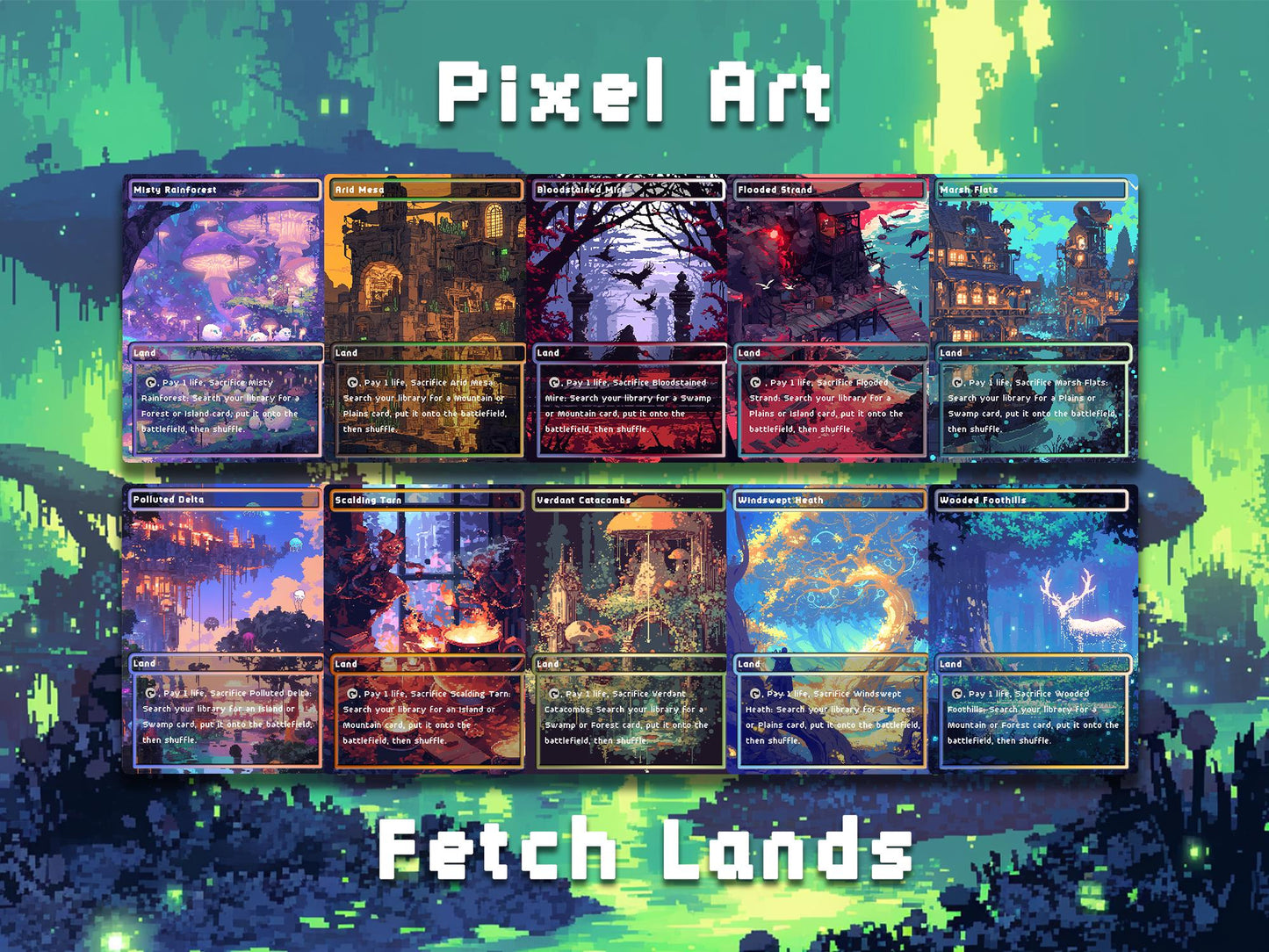 Pixel Art Style Mega Land pack, 50 unique borderless custom proxy lands High quality lands