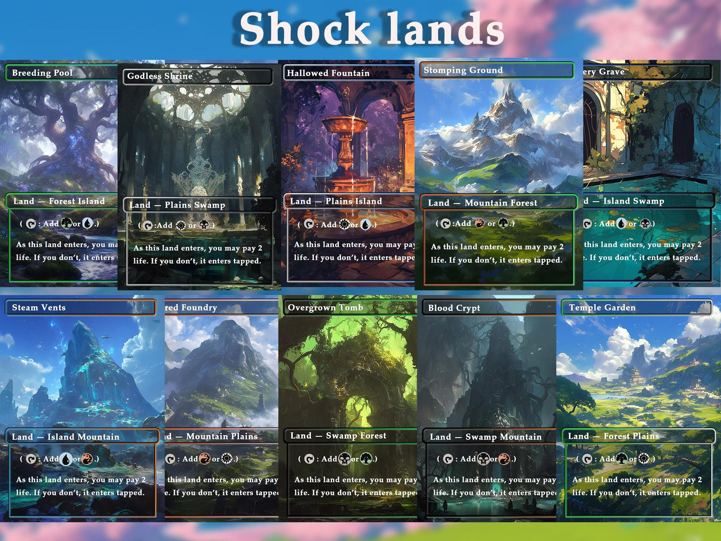 Mega Land pack (50+ cards) Anime watercolour lands set of 50 unique borderless custom proxy lands High quality lands