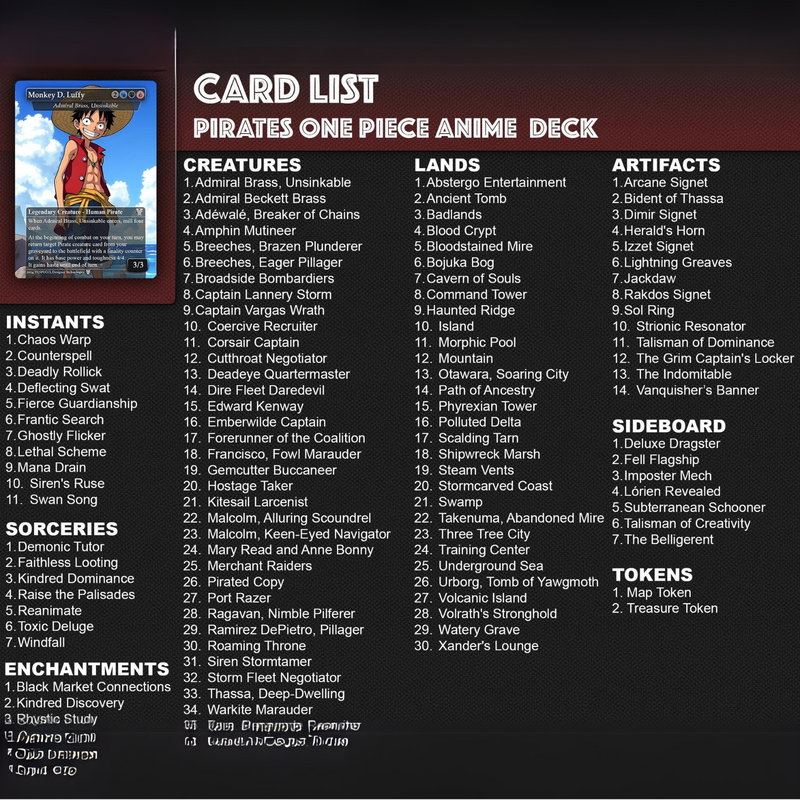 Complete Anime Pirate Tribal Deck, Custom Gift EDH Deck, Custom Anime OP Pirate Deck, Treasure Tokens, Admiral Brass Unsinkable